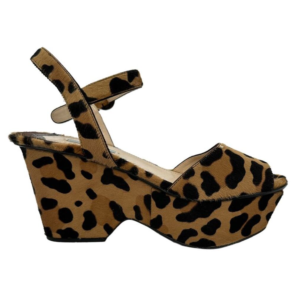 Prada Leopard Print Wedge Sandals in Multicolor Ponyhair